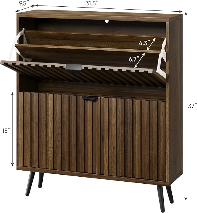 Smuxee Shoe Cabinet with 2 Flip Drawers, 31.5" Walnut Hidden Shoe Storage Cabinet with Fluted Design, Freestanding Shoe Organizer Cabinet for Entryway, Hallway, Closet, Living Room - Image 2