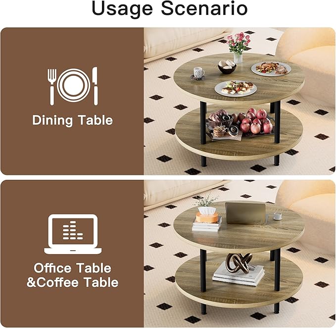 Coffee Table, 2 Tier Coffee Tables for Living Room, Round Coffee Table with Storage, Floor Table for Bedroom, Home Office, Nature Brown (23.6" D x 18.1" H)