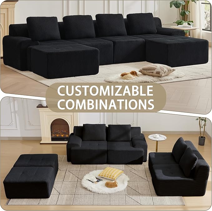 Modular Sectional Sofa with Movable Ottoman, 4 Seat Deep Seat Couch with 4 Pillows, Comfy Cloud Sectional Sofa for Living Room, Bedroom and Apartment (Black, 1 Left+1 Right+2 Middle+2 Ottoman)