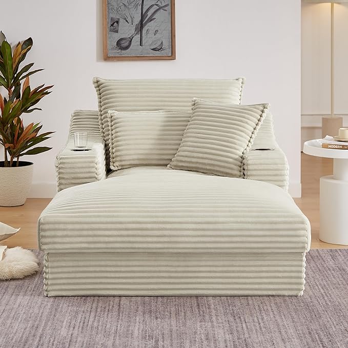 47 Inches Oversized Chaise Lounge Chair Indoor, Fluffy Corduroy Upholstered Boneless Sleeper Sofa Couch with Cupholders and 3 Throw Pillows, Deep Seat Lazy Lounger Cloud Couch Bed
