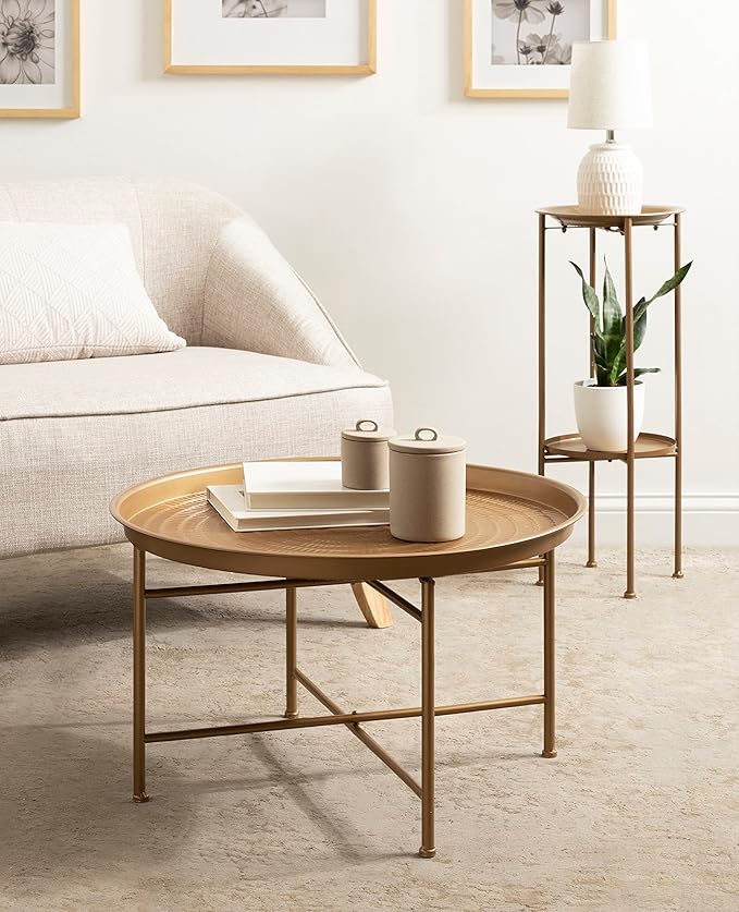 Kate and Laurel Mahdavi Boho-Chic Hammered Metal Tray Coffee Table, Dark Gold
