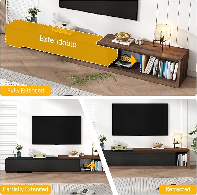 chartustriable Extendable TV Stand with 3 Drawers, Modern Minimalist Entertainment Center, Reversible Long TV Media Console, Bevel Design, 82-107.3 Inch, Black & Walnut - Image 4