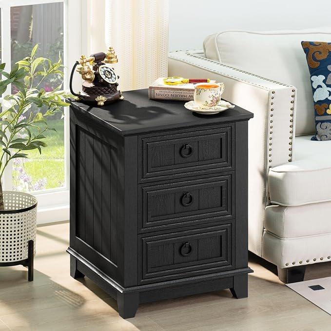 Joaxswe Farmhouse Night Stand Set of 2, 18" End Table with 3 Drawer Metal Handle, Dresser for Bedroom, Sofa Bed Side Table Chest of Drawers,Wood Nightstand Cabinet for Organizer, Living Room-Black - Image 9