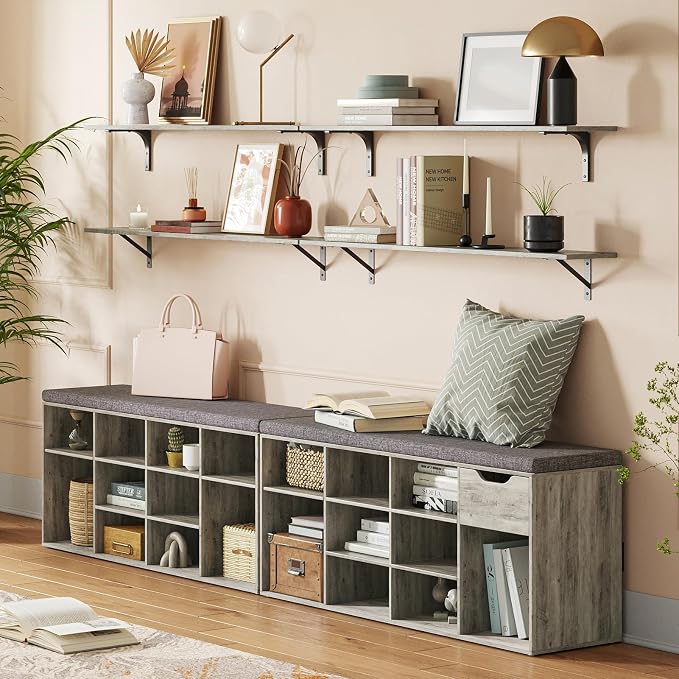 DINZI LVJ Shoe Bench, 12 Cubbies Shoe Organizer for Entryway, Storage Bench with Cushion, Cubby Shoe Rack with Adjustable Shelves for Living Room, Bedroom, Mudroom, Hallway, Gray Wash - Image 2