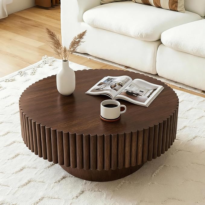 Rovibek Round Coffee Table, 31.5" Wooden Fluted Coffee Table with Fluted Base, Circle Accent Center Table for Living Room Apartment Office Small Space, Easy Assembly, Walnut