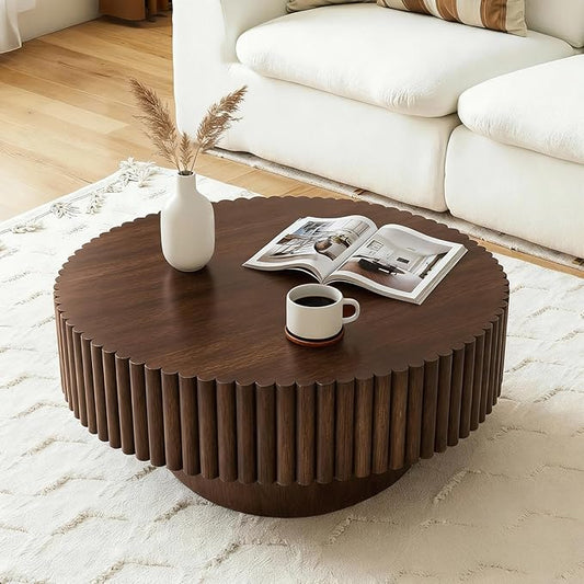 Rovibek Round Coffee Table, 31.5" Wooden Fluted Coffee Table with Fluted Base, Circle Accent Center Table for Living Room Apartment Office Small Space, Easy Assembly, Walnut