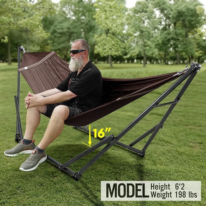 Tranquillo Universal Double Hammock with Stand Included for 2 Persons/Foldable Hammock Stand 600 lbs Capacity Portable Case - Inhouse, Outdoor, Camping, Brown - Image 9