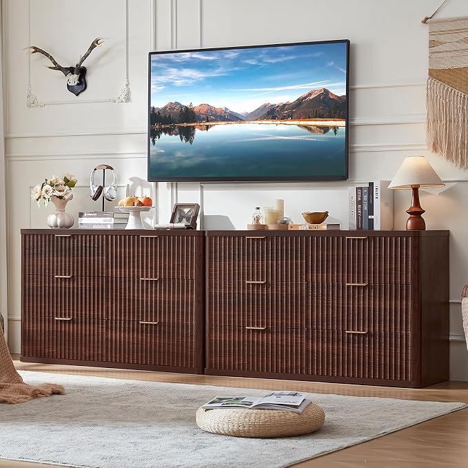 LEYAOYAO Fluted 6 Drawers Dresser Set of 2, 48" Wide Modern Chest of Drawers with Metal Handle, Walnut Curved Profile Dresser TV Stand, Wooden Drawer Organizer for Bedroom, Living Room, Hallway by LEYAOYAO-Findtheshiningpointofyourideallife%EF%BC%81