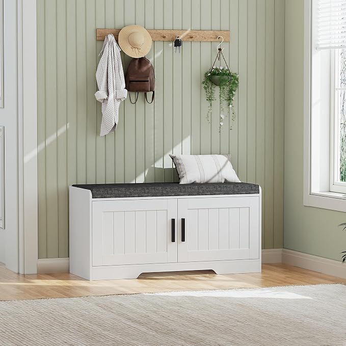Homleke 2-Tier Storage Bench, Shoe Bench with Thickened Padded Seat Cushion, Entryway Bench with 2 Doors, Adjustable Shelf, 13.8" D x 37.4" W x 18.5" H, for Entryway, Living Room, Bedroom, White by Homleke