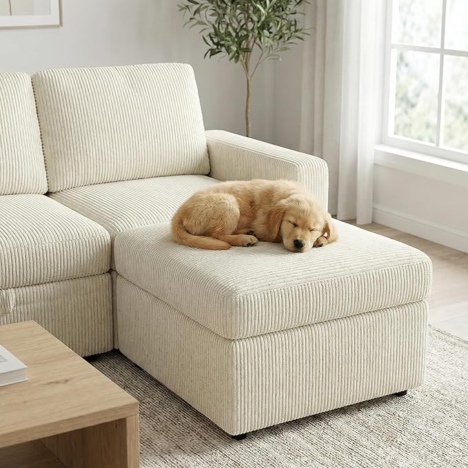 7-Seater Large Sectional Couch with Pull Out Bed, L Shaped Corduroy Sofa with Storage, Convertible Modular Sofa, for Living Room, Apartment, Beige