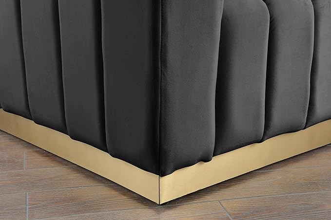 Meridian Furniture 603Grey-S Marlon Collection Modern | Contemporary Velvet Upholstered Sofa with Deep Channel Tufting, Stainless Steel Base in a Brushed Gold Finish, Grey, 86.5" W x 34" D x 28" H