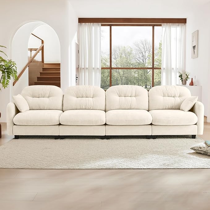 KEIKI 140" Oversized Chenille Modular Sectional Sofa with High-Density Foam Cushion and Tufted Pleated Cushion Backrest, Upholstered Modern 4-Seater Cloud Couch with 2 Pillow, for Living Room, Beige