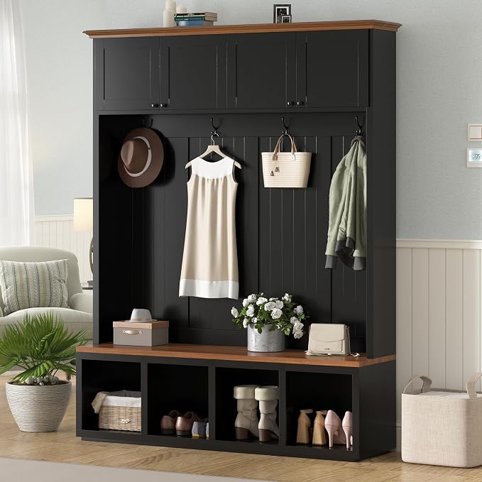 Merax Wood Rustic 59''W Hall Tree Entryway Bench with 4 Hooks and Cabinets, Farmhouse Mudroom Versatile Coat Racks with Shoe Storage Bench, Entrance Organizer for Hallway, Living Room Black by Merax