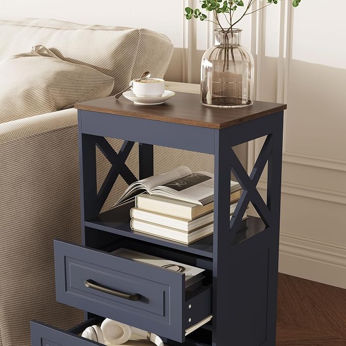 Tall Nightstand Set of 2 Side Table with 2 Drawers Modern Night Stand Wooden Rustic End Table Bedside Table with Upper Open Shelf Solid Feet for Bedroom Navy Blue+Walnut - Image 5