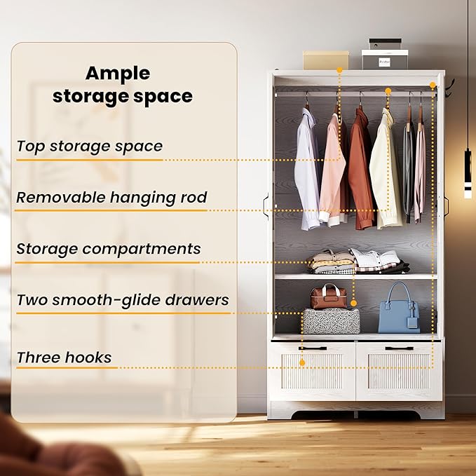 ANCTOR Armoire Wardrobe Closet, 71" H Wooden Clothing Storage Cabinet with 2 Doors and 2 Drawers, Bedroom Freestanding Wardrobe Combination with Hanging Rod and Shelves, White
