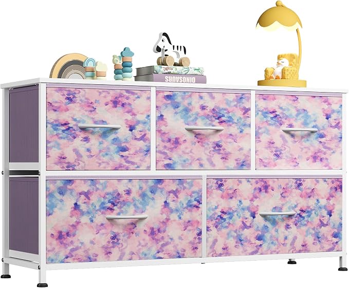 WLIVE Dresser for Bedroom with 5 Drawers, Wide Chest of Drawers, Fabric Dresser, Storage Organizer Unit with Fabric Bins for Closet, Living Room, Hallway, Tie-dye Print (Pink, Purple, Blue) by WLIVE