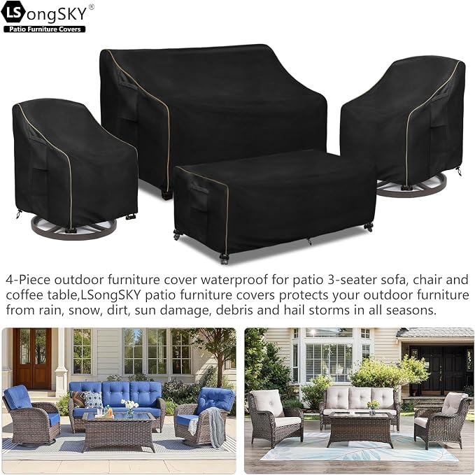 Patio Furniture Covers 4 Piece Set, 600D Heavy Duty Outdoor Furniture Covers Waterproof for Patio 3-Seater Sofa,Swivel Rocker Chair and Coffee Table Furniture Set,Black - Image 3