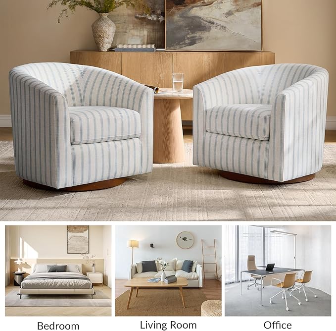 HULALA HOME Modern Swivel Accent Chairs Set of 2 with Solid Wood Base, Round Swivel Barrel Chairs with Striped Pattern, No Assembly Required, Blue