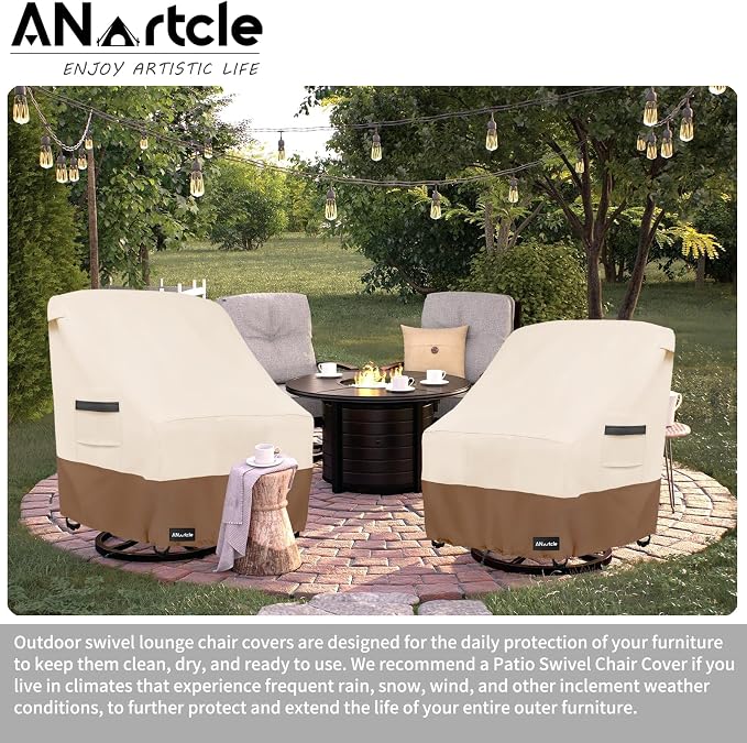 ANartcle Outdoor Swivel Lounge Chair Cover 2 Pack,600D Waterproof Heavy Duty Patio Chair Covers(35 W x 37 D x 38.5 H inches),Patio Swivel Chair Covers for Outdoor Furniture,Beige&Brown. - Image 6