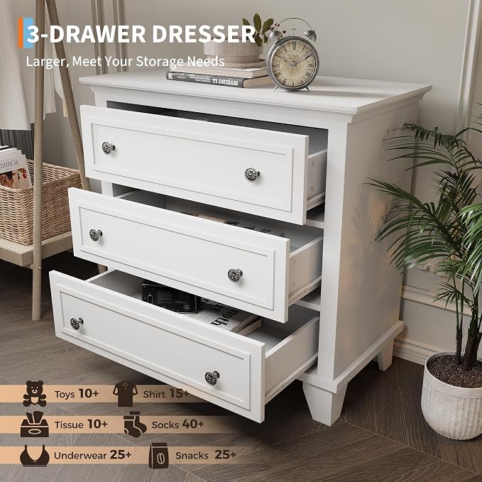GAOMON 3 Drawer Dresser for Bedroom, White Wood Chest of Drawers Bedroom Dresser, Rustic Small Drawers Dressers Nightstand Wooden Closet Storage Cabinet for Living Room - Image 4