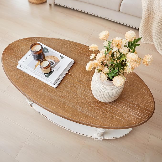 BERRYMERRY 39" French Country Two Tone Oval Coffee Table,Chipped White Vintage 2 Tier Center Table with Storage for Living Room Office,Tool-Free Assembly (White)