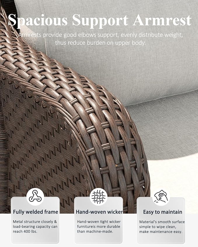 LayinSun 5 Piece Wicker Outdoor Furniture Set with 6-inch Comfy Cushions, High Back Patio Furniture Set with Swivel Rocking Chairs and Fire Pit Table