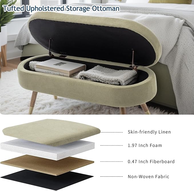 IAFIKE Oval Storage Bench 43.5" Ottoman Bench Upholstered Boucle Fabric Footrest Bench with Golden Metal Legs End of Bed for Bedroom, Living Room, Entryway,Bed Side (Green) - Image 5