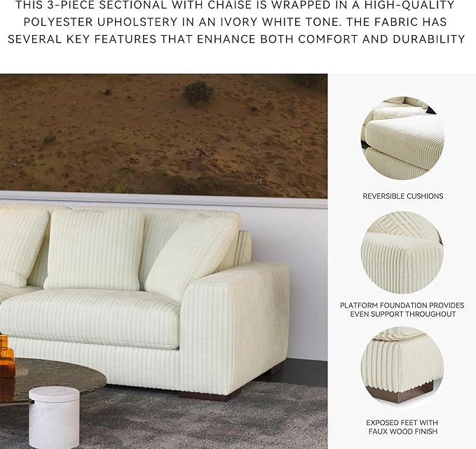 Signature Design by Ashley Lindyn Coastal Right-Arm Facing 3-Piece Sectional with Chaise, Reversible Cushions and 5 Throw Pillows, White