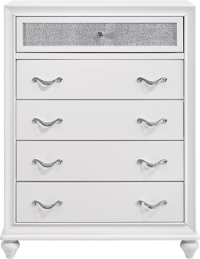 Coaster Home Furnishings Barzini Modern Classic 5-Piece Bedroom Set Velvet Upholstered Queen Size Wingback Bed Frame 63-inch Headboard White 300843Q-S5