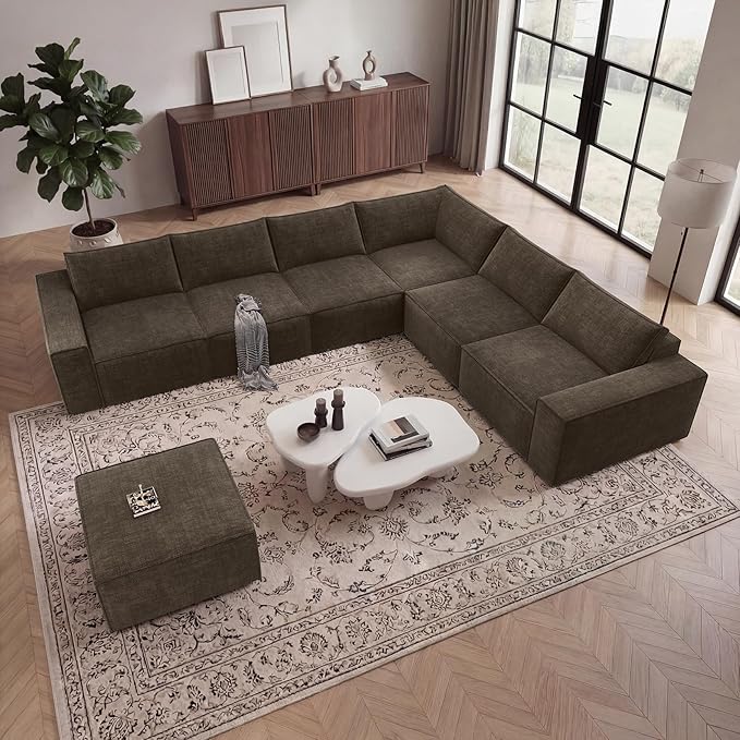 Vesgantti 143.7" Boneless Couch for Living Room, 6 Seater Modular Sectional Sofa with Ottoman & Deep Seat, Convertible Chenille Oversized Cloud Couches, No Assembly Required, Dark Brown