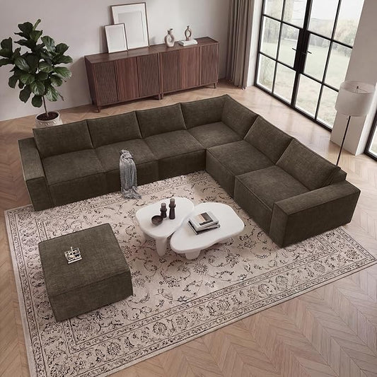 Vesgantti 143.7" Boneless Couch for Living Room, 6 Seater Modular Sectional Sofa with Ottoman & Deep Seat, Convertible Chenille Oversized Cloud Couches, No Assembly Required, Dark Brown