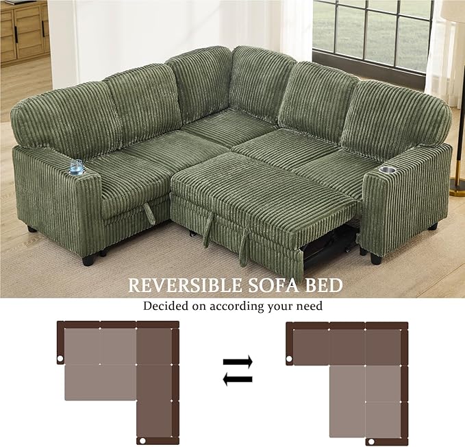 ERYE L-Shaped Symmetrical Sleeper Sectional Sofa W/Pull Out Sleeper Couch Bed and Storage Seat for Living Room, Corduroy Tufted Corner Convertible Sofa Bed with USB-C Ports