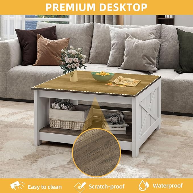 DWVO Square Coffee Table for Living Room, Farmhouse Coffee Table with Storage, 2-Tier Wood Coffee Tables Center Table with Half Open Storage Compartment, Dark Brown