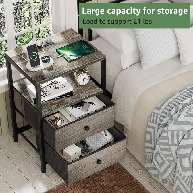 BOLUO Gray Nightstand with Charging Station, LED Night Stand with 2 Fabric Drawers, Bedside Table with USB Ports and Outlets, Nightstand for Bedroom Modern - Image 5