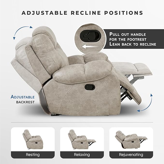 Lexicon Manual Glider Recliner Chair, Polished Microfiber Upholstered Manual Tab Pull Reclining Nursery Chair for Living Room, Pillow Top Armrest, Padded Headrest, Easy Assembly, Pewter