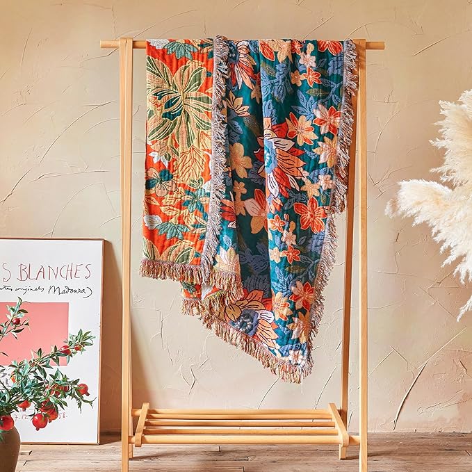 Boho Throw Blanket - 100% Cotton Ultra Soft Muslin Blanket, 90"x108" Lightweight Floral Framhouse Bedding Spring Blanket for Bed, All Season Green Bohemian Bedroom Home Decor Quilt