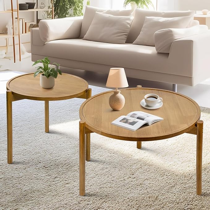 Wooden Round Nesting Coffee Tables Set of 2,Round End Table,Small Nesting Tables,Side Table,for for Living Room Bedroom Balcony by Solid Wood
