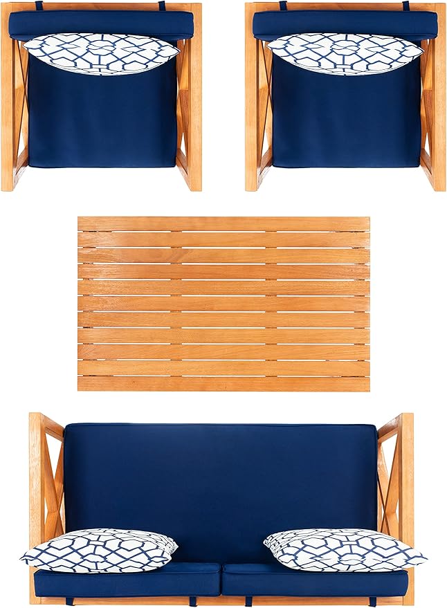 SAFAVIEH Outdoor Collection Montez Natural/Navy Blue Cushion 4-Piece Conversation Patio Set with Accent Pillows