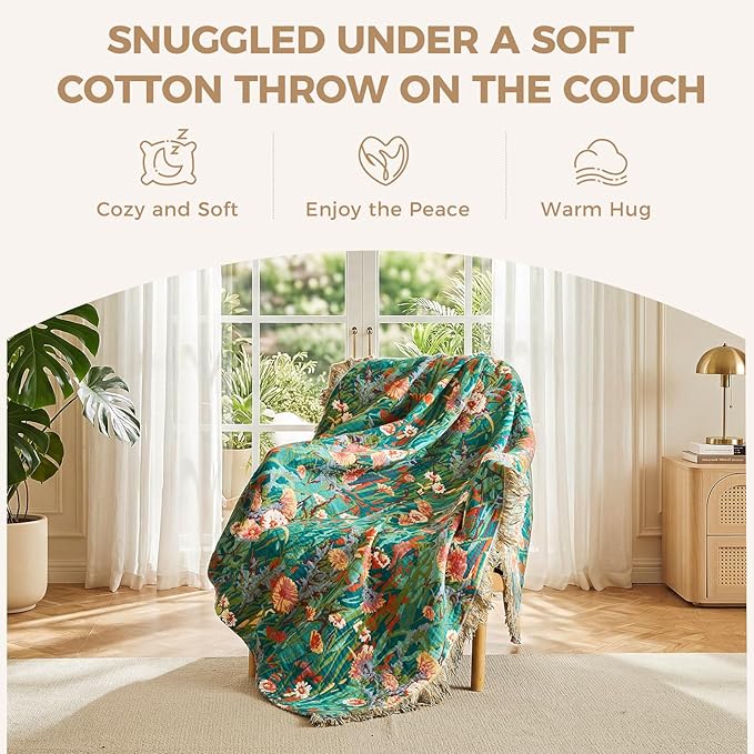 LUTBM Cotton Boho Blanket Queen Size Soft Spring Lightweight Bed Quilt Floral Embroidery Blanket for Bedroom Living Room Home Decor Reversible Blankets 90"x90"