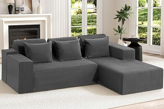 Homguava Modular Sectional Couches for Living Room,105" Cloud Couch with L-Shape Chaise,Comfy Sofa Living Room Sofas with Deep Seat,No Assembly L Couch,Corduroy Fabric(Grey,R)