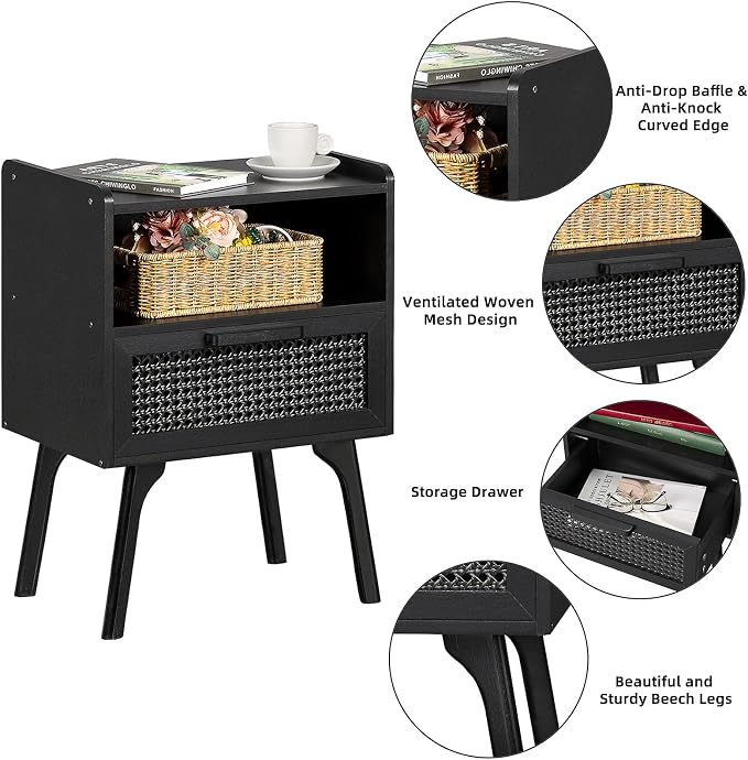 Lerliuo Rattan Nightstands Set of 2, Boho Side Table with Drawer Open Shelf, Cane Accent Bedside End Table with Solid Wood Legs for Bedroom, Dorm and Small Spaces (Black) - Image 6
