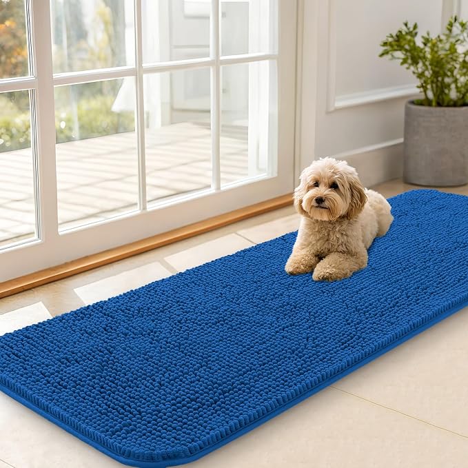 OLANLY Dog Door Mat for Muddy Paws 59x20, Absorbs Moisture and Dirt, Absorbent Non-Slip Washable Doormat, Quick Dry Chenille Mud Mat, Entry Indoor Entryway Carpet for Inside Floor, Deep Navy Blue by OLANLY