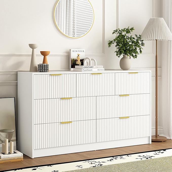 7 Drawer Dresser and Nightstand Sets for Bedroom, 3 Pcs Bedroom Set，Night Stand Set of 2 & 7 Drawer Dresser with Gold Handles, Modern Wood Chest of Drawers Storage Cabinet Set, White
