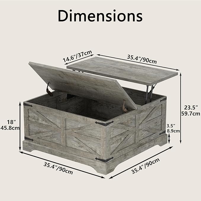 Furnideco 35.5''W Square Coffee Table Farmhouse Lift top Coffee Table with Large Hidden Storage, Wood Center Table for Living Room, Home Office, Rustic Grey