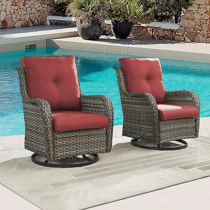 Rilyson Patio Chairs Rocking Swivel Chiar - 3 Piece Outdoor Wicker Patio Bistro Set Rattan Rocker Glider Chairs with High Back and Deep Seating for Outside Porch Deck Garden(Mixed Grey/Red)