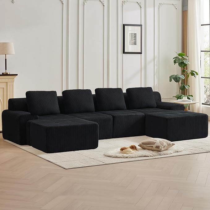 Modular Sectional Sofa with Movable Ottoman, 4 Seat Deep Seat Couch with 4 Pillows, Comfy Cloud Sectional Sofa for Living Room, Bedroom and Apartment (Black, 1 Left+1 Right+2 Middle+2 Ottoman)