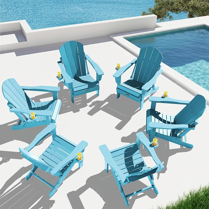 SERWALL Folding Adirondack Chair with Cup Holder Weather Resistant Patio Chair Outdoor Chairs Painted Adirondack Chairs Set of 2 - Aruba Blue - Image 8