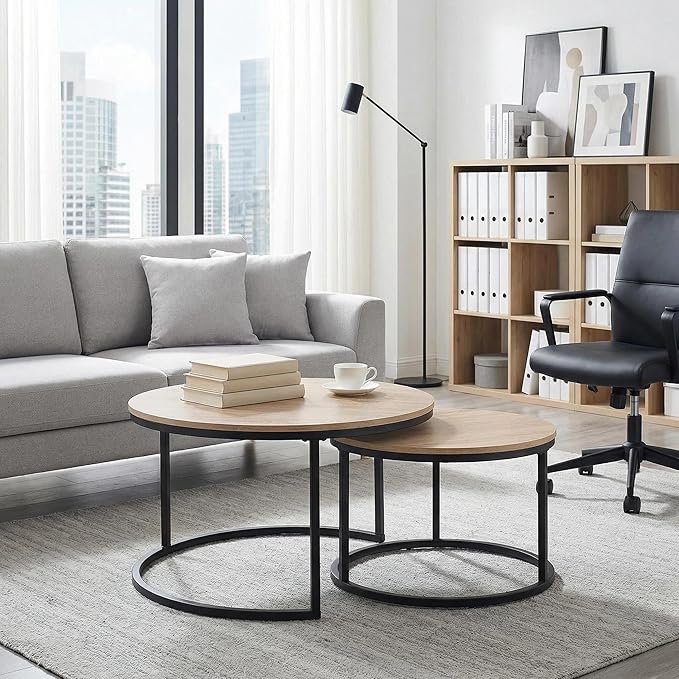 CENSI Round Nesting Coffee Table Set of 2, 31.5" Natural Oak Wood & Metal Frame, Modern Industrial Stacking Center Tables for Living Room, Scandi Boho Decor, Sturdy Circle Accent Furniture