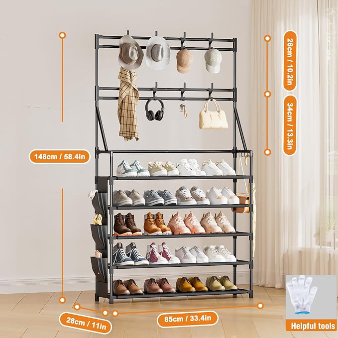 OYREL Shoe Rack 5 Tier Shoe Racks Organizer 20-25 Pairs Shoes Rack for Closet Entrance Shoe Storage Organizer with Hooks and Side Pocket Entryway Shoe Holder Space Saving Free Standing Shoe Racks - Image 3