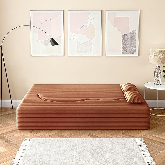 78" Convertible Sofa Bed, 2-in-1 Folding Floor Couch with 2 Pillows, Sleeper Sofa for Living Room and Bedroom, No Assembly Required (Orange, Corduroy Fabric)